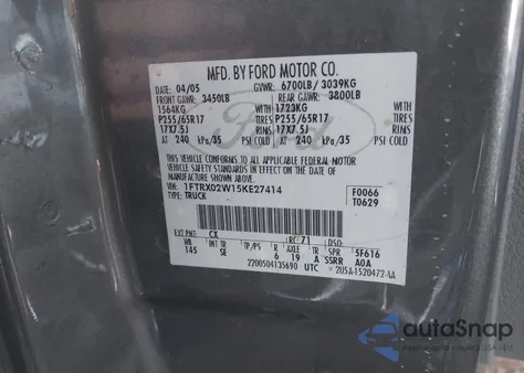 2005 Ford F-150 Stx/Xlt from USA, damaged, VIN 1FTRX02W15KE27414